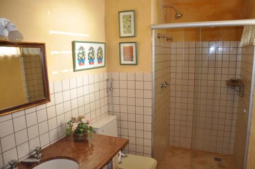 a bathroom with a toilet and a sink and a shower at Pousada Casa Da Fazenda in Paraisópolis