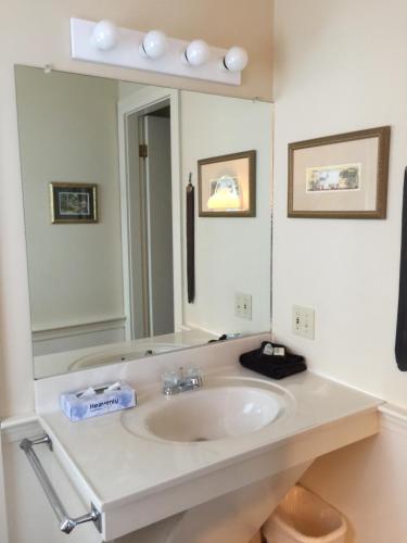 a bathroom with a sink and a large mirror at The Holiday House Inn & Motel in Scarborough