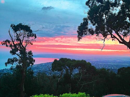 een zonsondergang in de lucht met bomen op de voorgrond bij Dream Views at Arthurs Seat B & B in Arthurs Seat