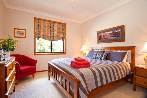 ein Schlafzimmer mit einem Bett und einem roten Stuhl in der Unterkunft Clifton Gardens Bed & Breakfast - Orange in Orange