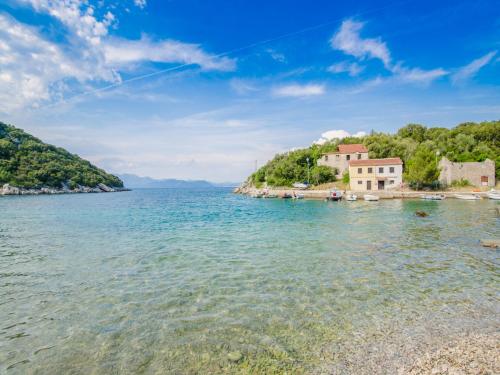 a view of a body of water with houses on the shore at Apartments Vesela in Janjina
