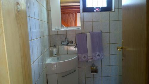 a bathroom with a sink and a mirror at Apartment Holiday - River view beside Pyramid in Visoko