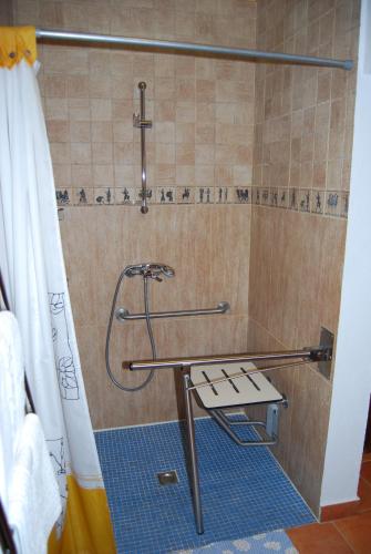 a shower with a bench in a bathroom at Casa Lueza in Alueza