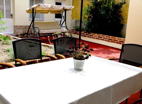 a table and chairs with a potted plant on a patio at Holiday Home Lija Center in Rab
