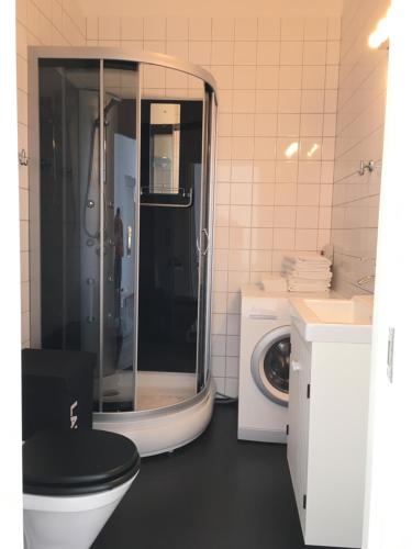 ein Badezimmer mit einem WC und einer Waschmaschine in der Unterkunft Blå Flagg in Köpingsvik