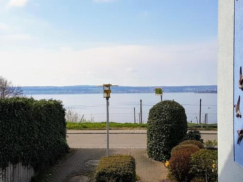 a street light with bushes and a view of the water at Ferienwohnung im Atelierhaus in Meersburg