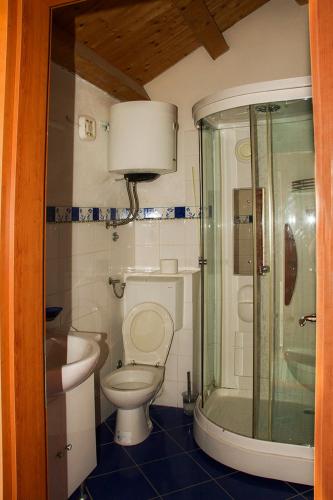a bathroom with a toilet and a shower and a sink at Hill House Marija in Komiža