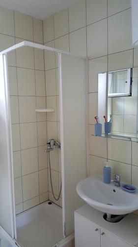 a bathroom with a sink and a shower with a mirror at Apartments Lampion in Vir