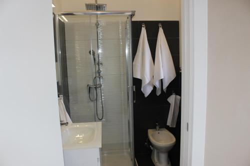 a bathroom with a shower and a sink and a toilet at La Maison in Vallata