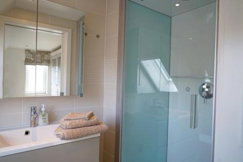 a bathroom with a glass shower and a sink at Vakantiehuis Zand en Zee in Oostduinkerke aan zee in Oostduinkerke