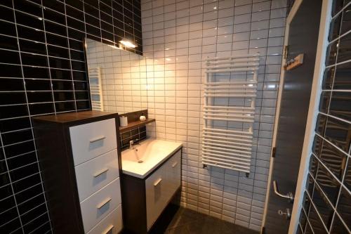 a small bathroom with a sink and a mirror at Maisonnette in Liège