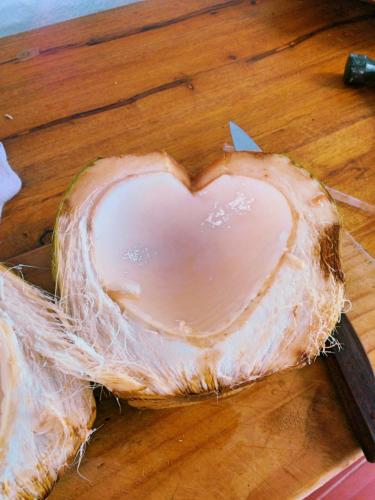 a coconut cut in half with a knife at Casa KoKopelli in Ballenita