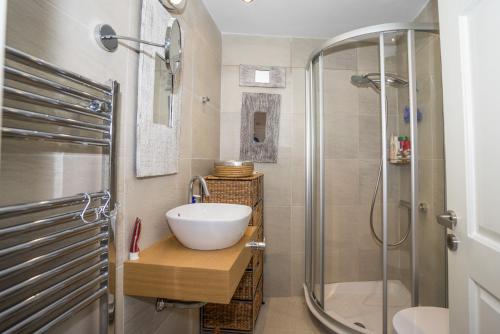 Sárkhos的住宿－MK Cottage With Breakfast and Jacuzzi，一间带水槽和淋浴的浴室