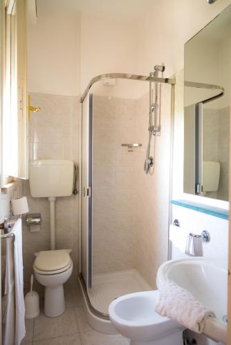 a bathroom with a shower and a toilet and a sink at Hotel Nettuno in Pesaro