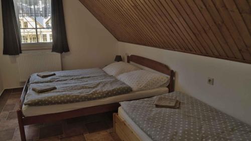 a small bedroom with two beds and a window at Penzion Ostruznik in Ostružná