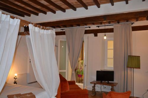 a bedroom with a bed with white curtains and a television at Dimora storica - Palazzo Barabesi in Siena