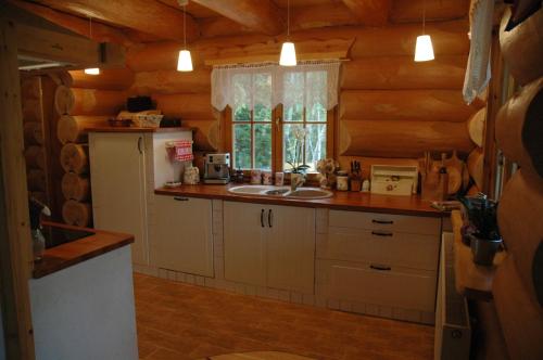 a kitchen with a sink and a refrigerator at Sosnowa Chata, Sauna in Jelenia Góra-Jagniątków