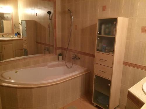 uma casa de banho com uma banheira, um chuveiro e um lavatório. em Sweet Home Apartment em Keszthely