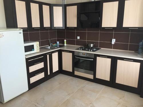 a kitchen with a white refrigerator and a microwave at Apartment on Parkovaya in Chornomorsk