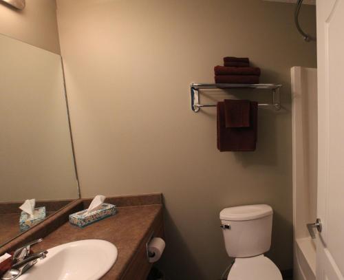 a bathroom with a sink and a toilet and a mirror at Alberta Beach Inn and Suites in Albert Beach (Alberta)