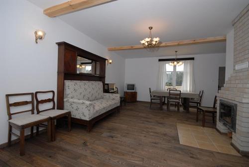 a living room with a couch and a fireplace at Osada Rydzewo in Rydzewo