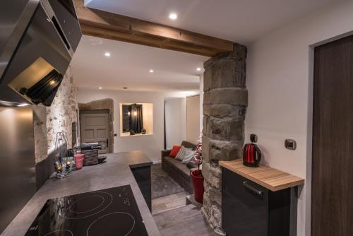 Il comprend une cuisine et un salon avec un mur en pierre. dans l'établissement Le Balcon de la Vieille Ville Annecy, à Annecy
