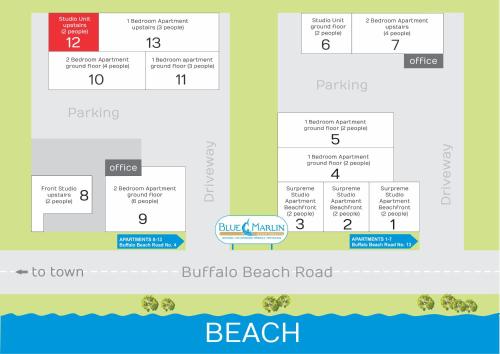 a map of the beach rebuildible beach road at Blue Marlin Apartments in Whitianga