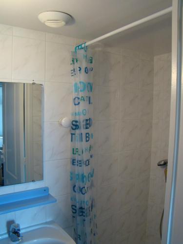 une salle de bain avec une douche avec un lavabo et un miroir dans l'établissement Duplex 6-7 p Résidence proche plage, à La Couarde-sur-Mer