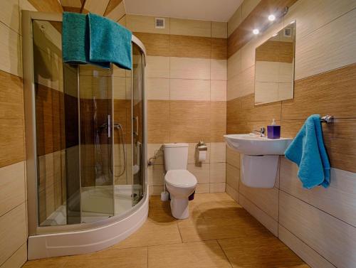 a bathroom with a toilet and a sink and a shower at 4 strony świata in Jarosławiec