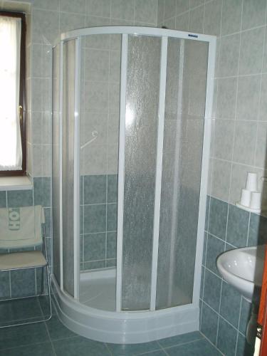 a shower with a glass door in a bathroom at Restaurace a Penzion Česká Hospoda in Heřmanice