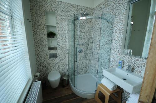 uma casa de banho com um chuveiro, um WC e um lavatório. em B&B Alice & Anaïs em Bruges