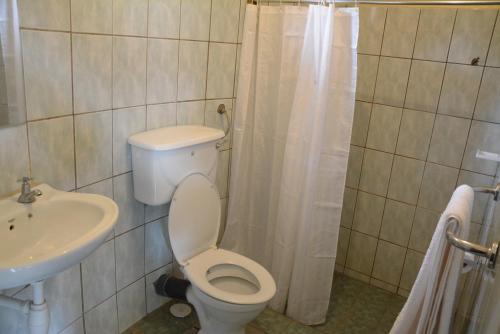 a bathroom with a toilet and a sink at Keys Hotel Mbokomu Branch in Moshi