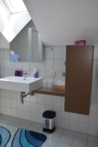 W łazience znajduje się umywalka i lustro. w obiekcie Landgasthof Steinmühl Hofbauer Frühstückspension und Campingplatz w mieście Waidhofen an der Ybbs