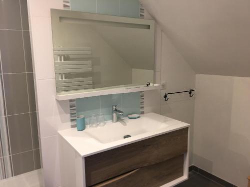 een badkamer met een wastafel en een spiegel bij Les chambres de La Métairie du Dick in Pleurtuit