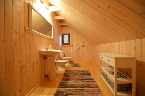a bathroom with a sink and a toilet in a room at Sodyba Latkrantė, Druskininkai in Latežeris