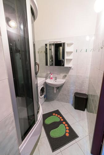 a small bathroom with a shower and a sink at Apartment Termal in Rybáře