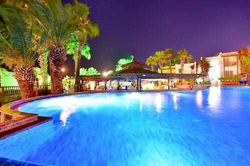 a large swimming pool with palm trees at night at Parkim Ayaz Hotel in Gümbet