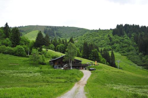 a house on a green hill with a dirt road at La Chanterelle - Mountain Lodge in La Côte dʼArbroz
