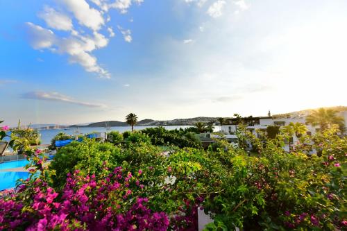 a view from the balcony of a resort with flowers at Parkim Ayaz Hotel in Gümbet