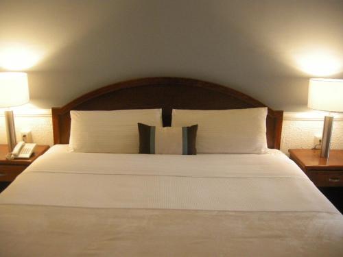 a bedroom with a white bed with two lamps at Scala Hotel in Lagos de Moreno