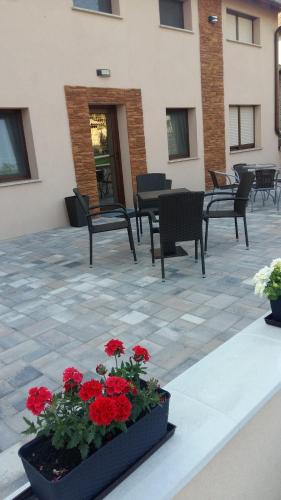 a patio with chairs and red flowers in a pot at Erika Vendégház in Mogyoród