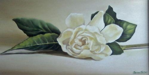 a painting of a white flower with green leaves at Cabañas Hoja de la Tierra in Chascomús
