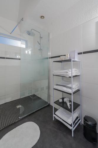 La salle de bains est pourvue d'une douche et d'une étagère avec des serviettes. dans l'établissement Cité Chic, à Carcassonne