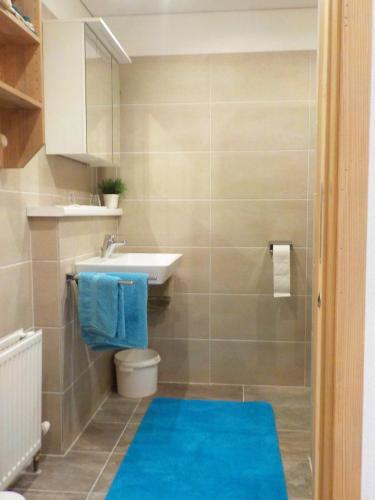a bathroom with a sink and a toilet and a blue rug at Appartement Anneke in Niedernsill