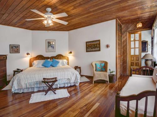 聖何塞的住宿－卡薩代拉斯提亞斯酒店，一间卧室配有一张床和吊扇