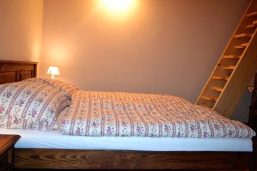 a bedroom with a bed and a ladder at Penzión Thamasy in Spišské Tomášovce