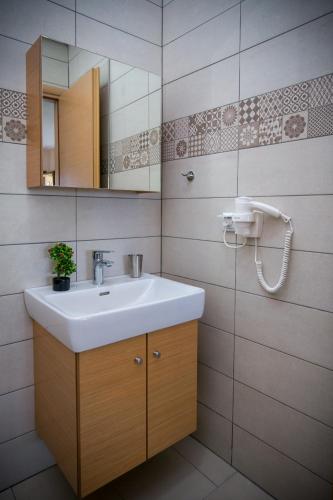 a bathroom with a sink and a mirror at Aphrodite Villas in Koinyra