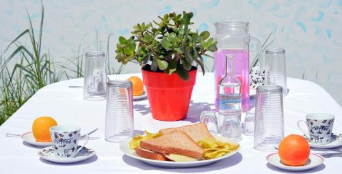 a table with a plate of food and a plant at Manos Apartments in Almirida