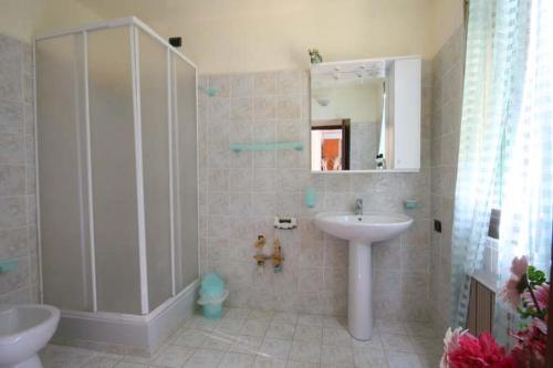 a bathroom with a sink and a mirror and a shower at carugio del fezzano in Fezzano