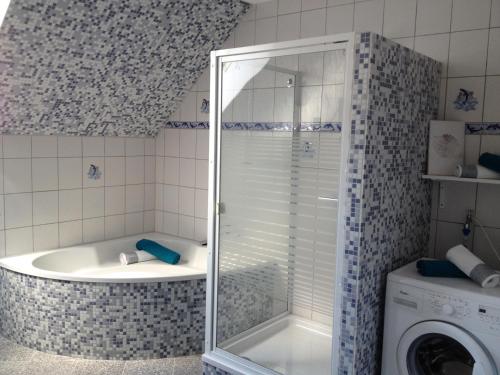 バート・ハルツブルクにあるFerienwohnung Unikat Harzのバスルーム(シャワー、洗濯機付)
